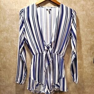 Tobi Stripe Plunge Long Sleeve Romper